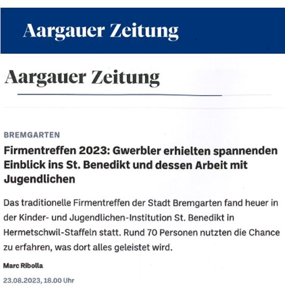 Stationäre Sonderschule, St. Benedikt Hermetschwil - 2023 - 23.08.2023
Aargauer Zeitung
Firmentreffen